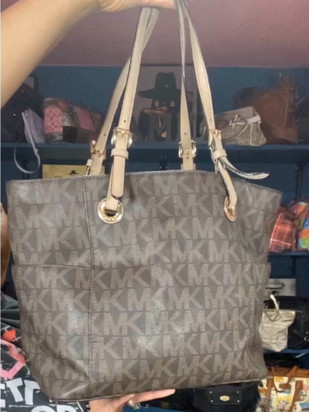 Michael Kors Gray/Brown MK Logo Tote with Beige Straps